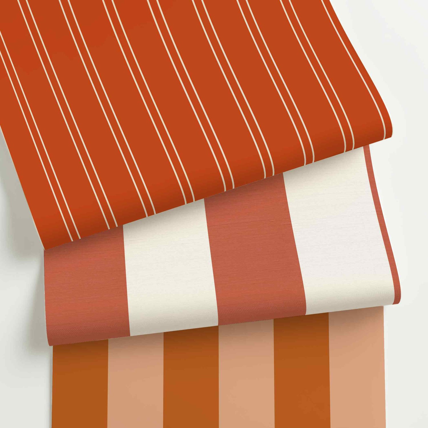 Burnt orange striped wallpaper rolls in assorted colors, scales, and stripe patterns.