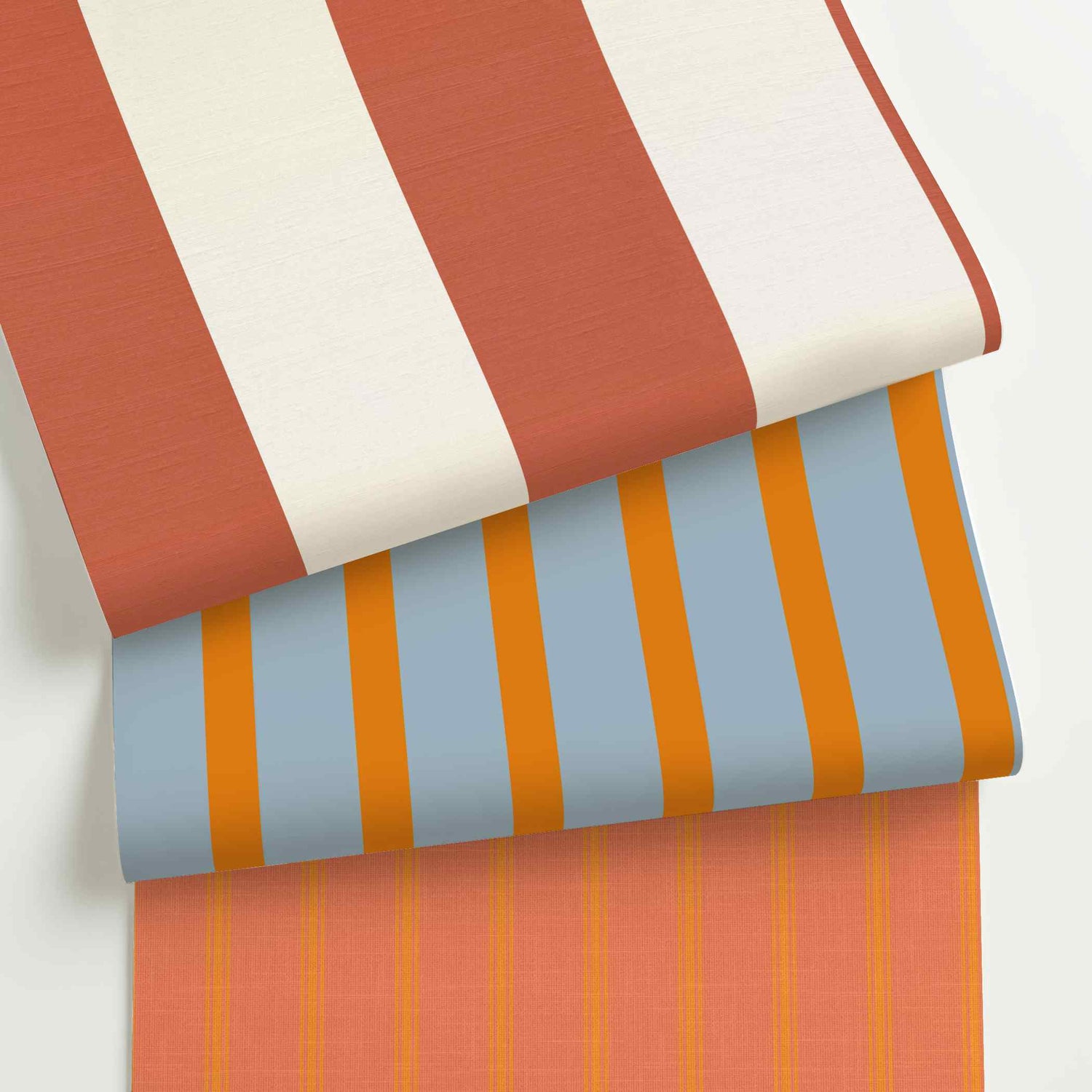 Orange striped wallpaper rolls in assorted colors, scales, and stripe patterns.