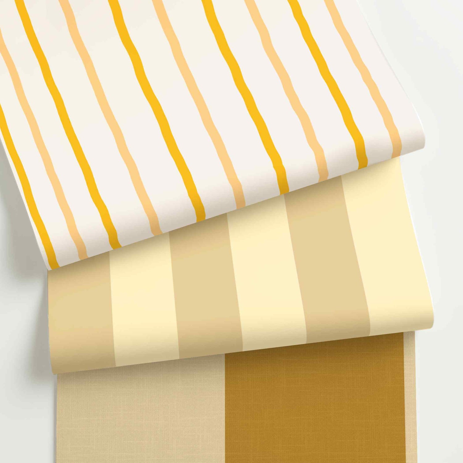 Yellow striped wallpaper rolls in assorted colors, scales, and stripe patterns.