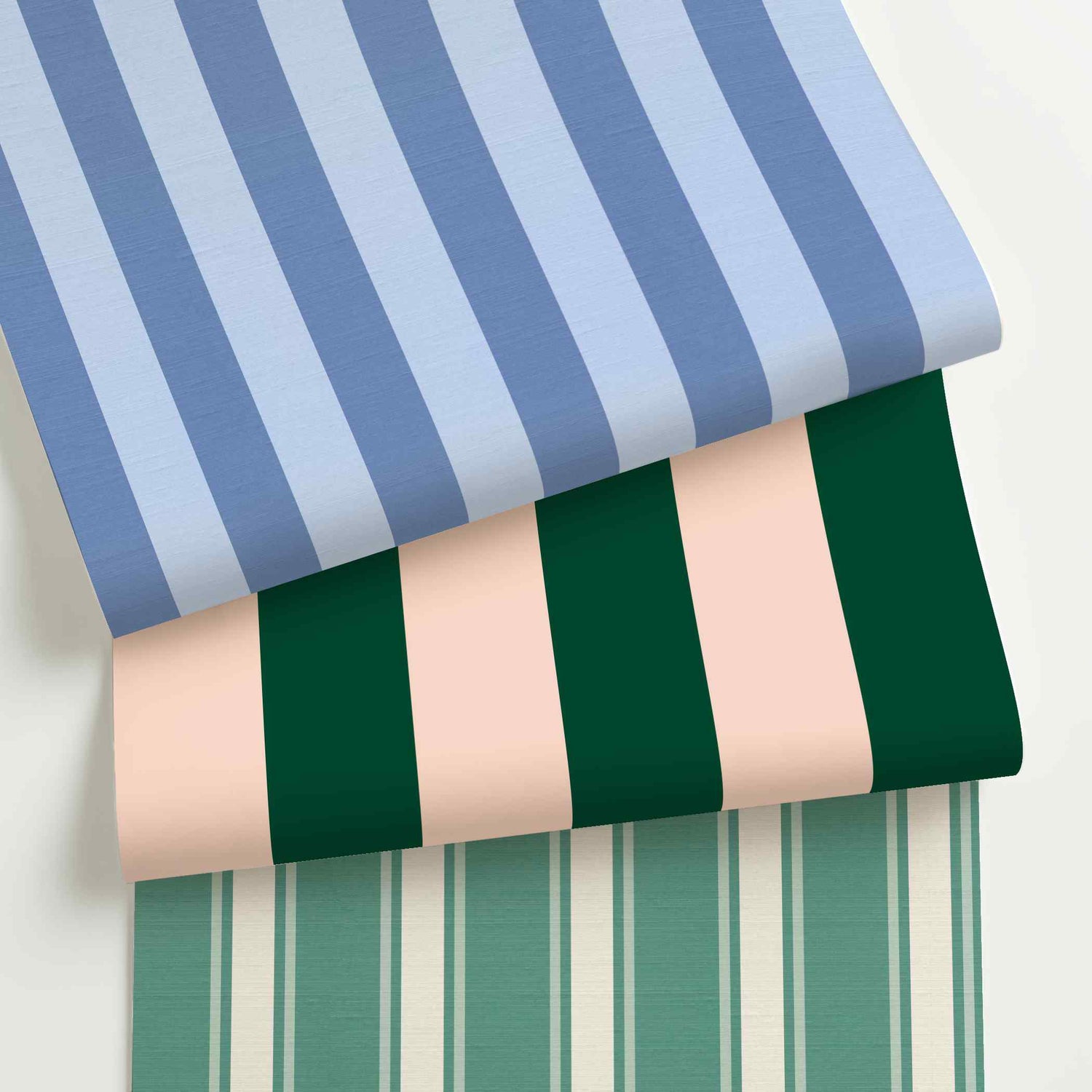 Custom striped wallpaper rolls in assorted colors, scales, and stripe patterns.