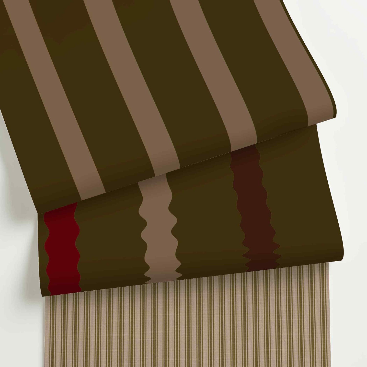 Dark brown striped wallpaper rolls in assorted colors, scales, and stripe patterns.