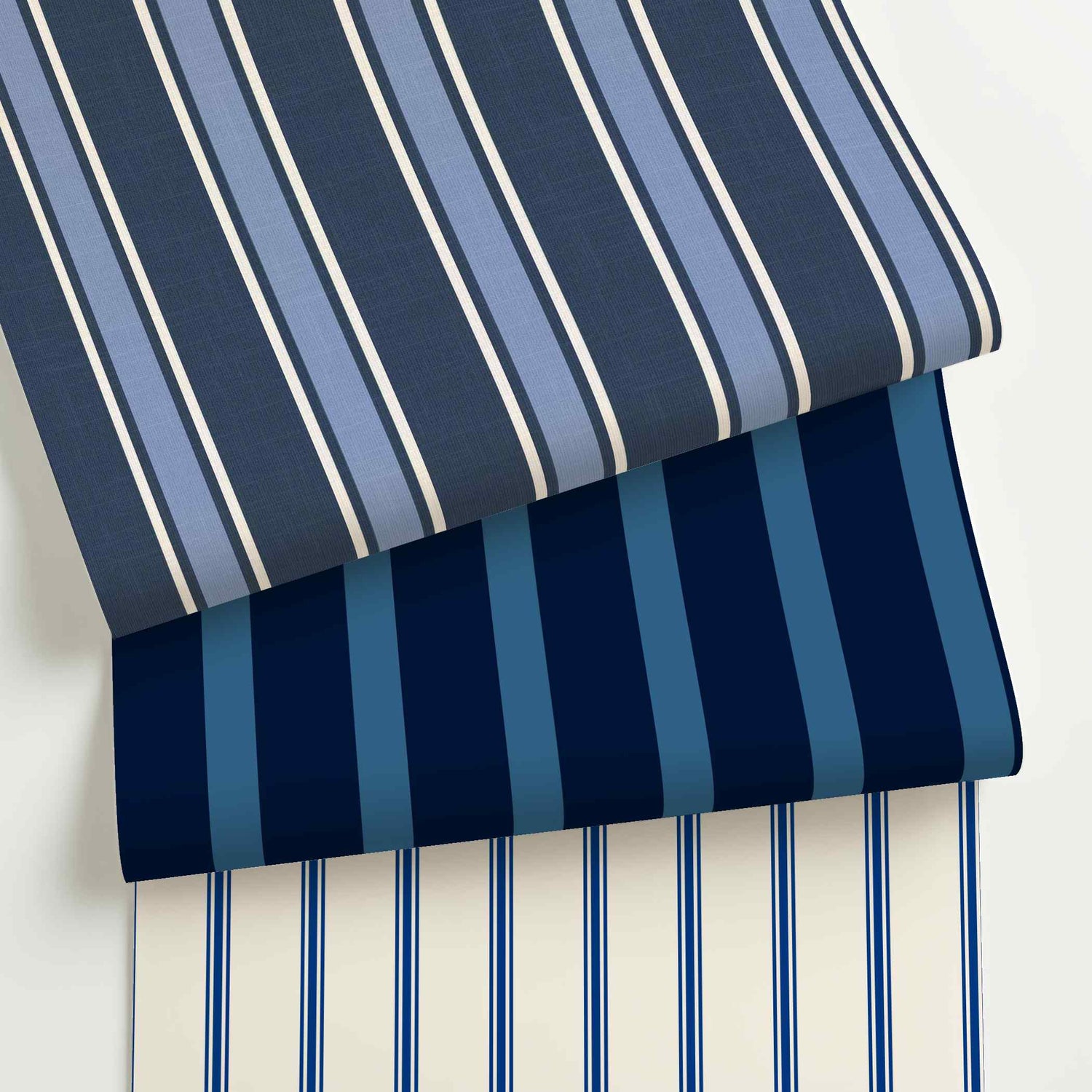 Navy striped wallpaper rolls in assorted colors, scales, and stripe patterns.