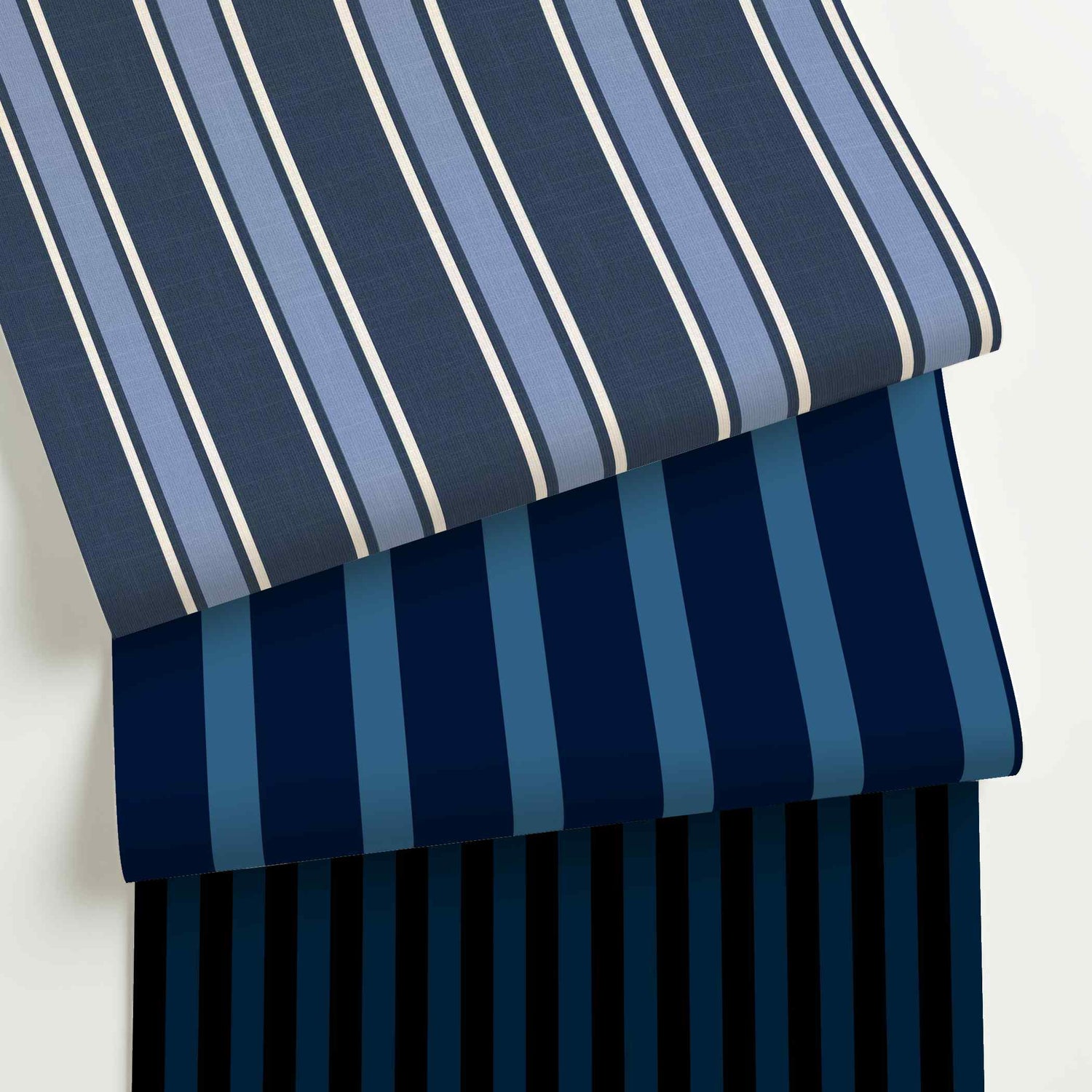 Dark blue striped wallpaper rolls in assorted colors, scales, and stripe patterns.