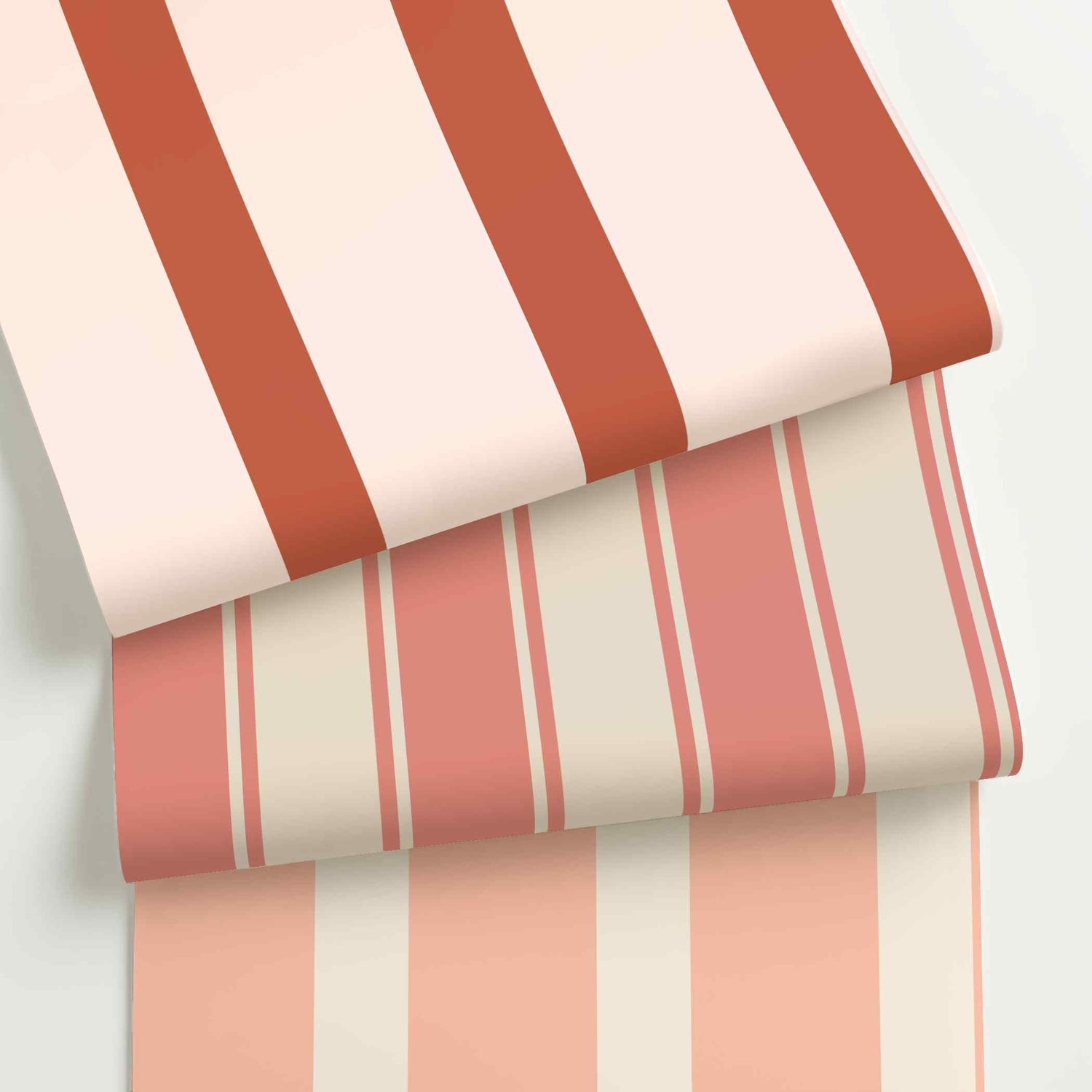 Peach striped wallpaper rolls in assorted colors, scales, and stripe patterns.