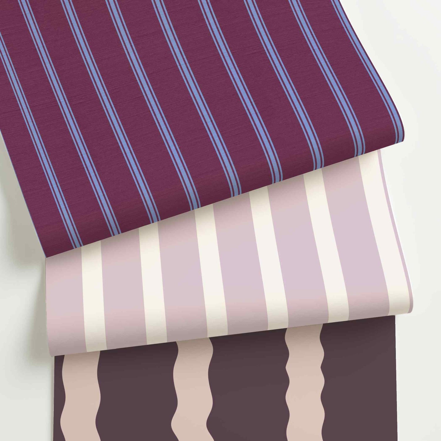 Purple striped wallpaper rolls in assorted colors, scales, and stripe patterns.