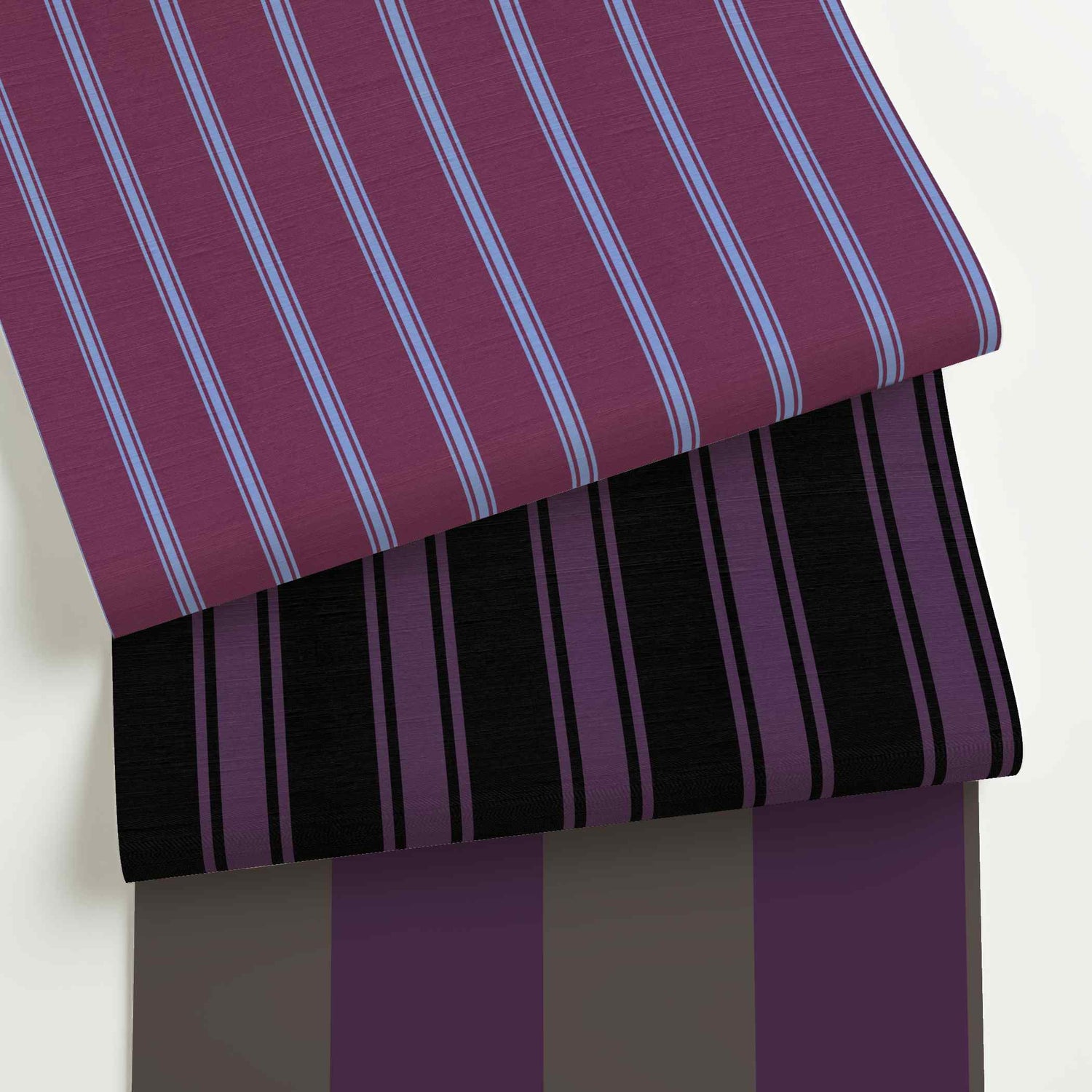Plum striped wallpaper rolls in assorted colors, scales, and stripe patterns.