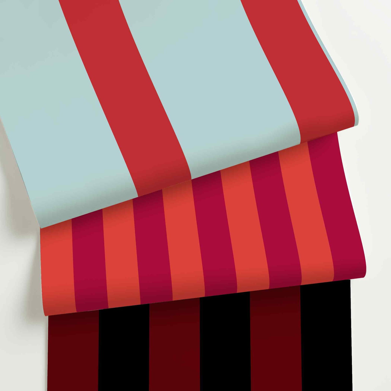 Red striped wallpaper rolls in assorted colors, scales, and stripe patterns.