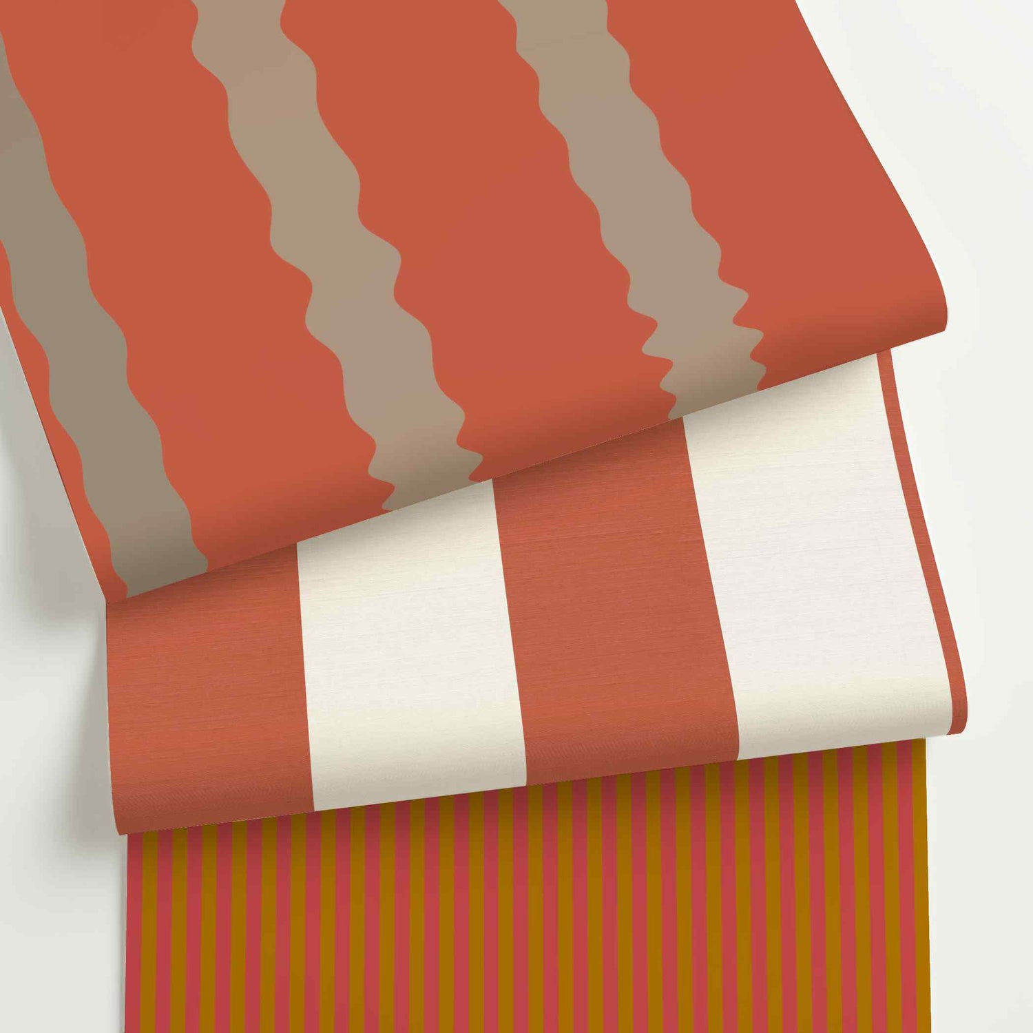 Rust striped wallpaper rolls in assorted colors, scales, and stripe patterns.