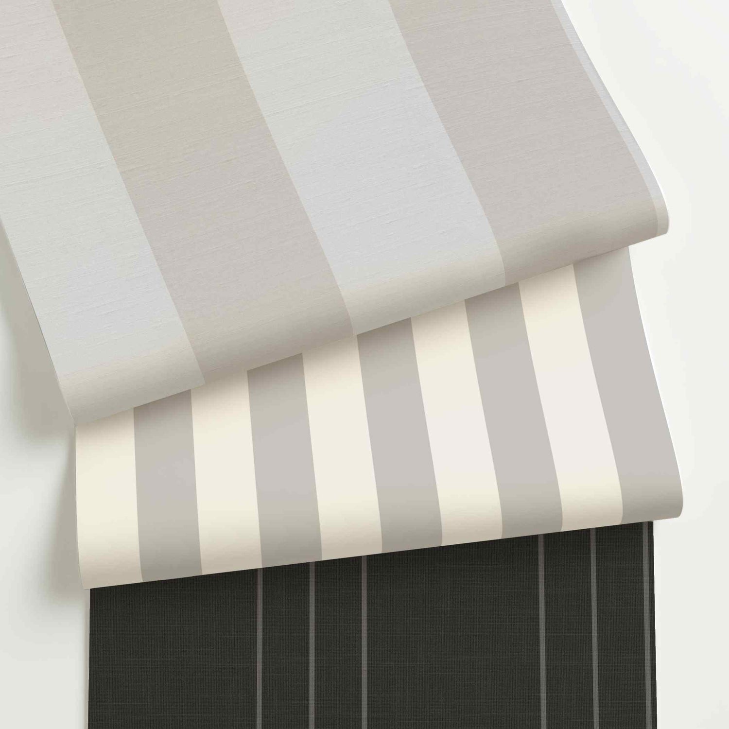Grey striped wallpaper rolls in assorted colors, scales, and stripe patterns.