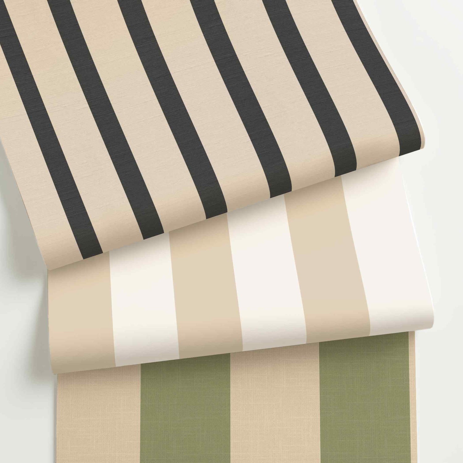 Beige striped wallpaper rolls in assorted colors, scales, and stripe patterns.
