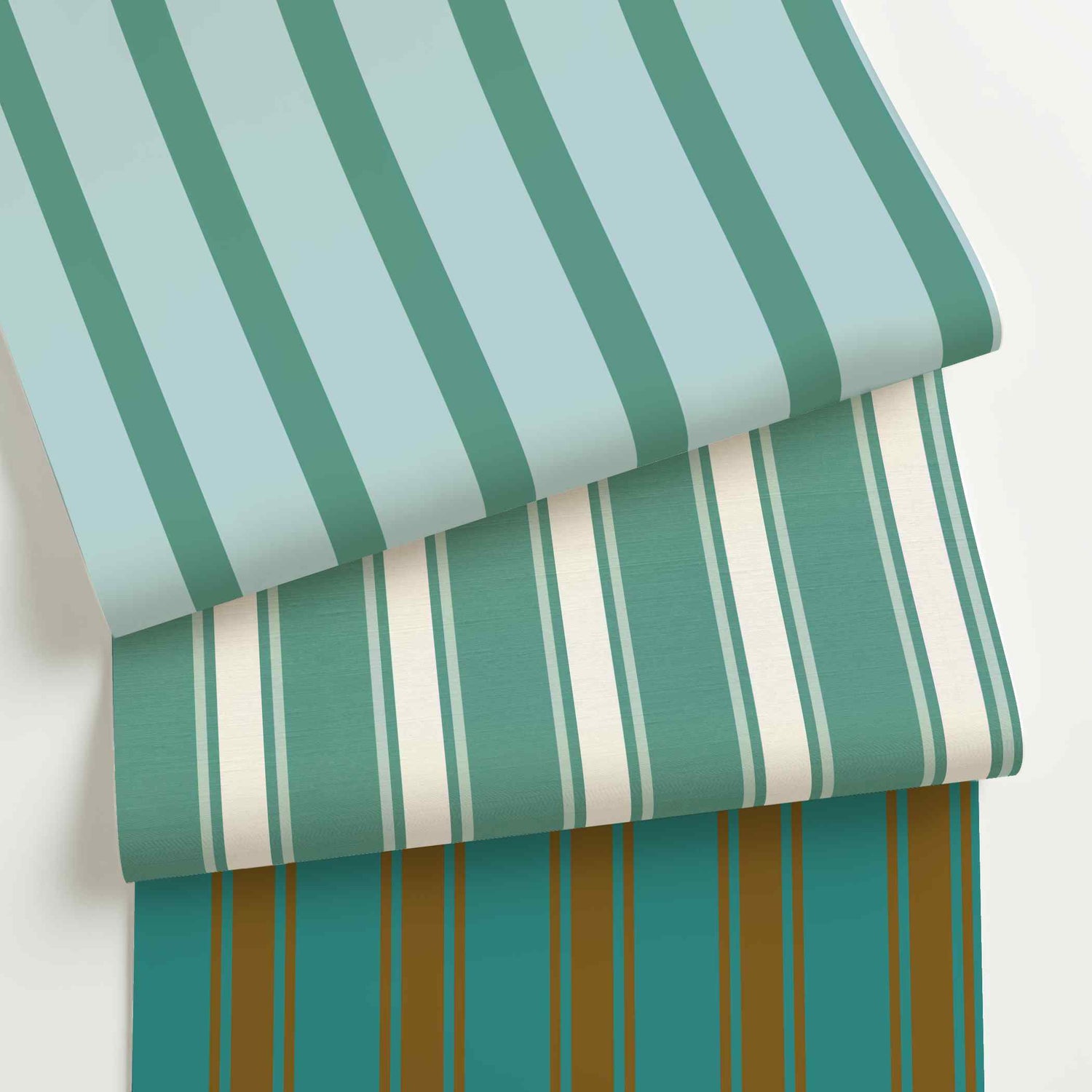 Teal striped wallpaper rolls in assorted colors, scales, and stripe patterns.
