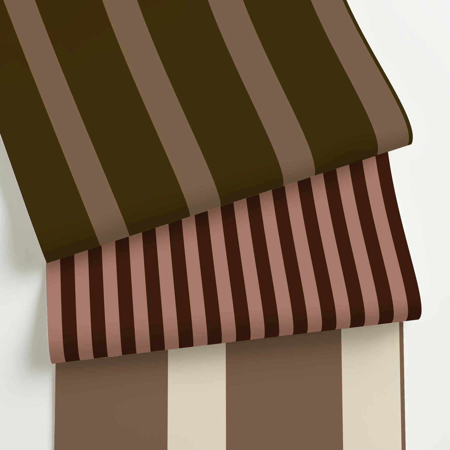 Chocolate striped wallpaper rolls in assorted colors, scales, and stripe patterns.