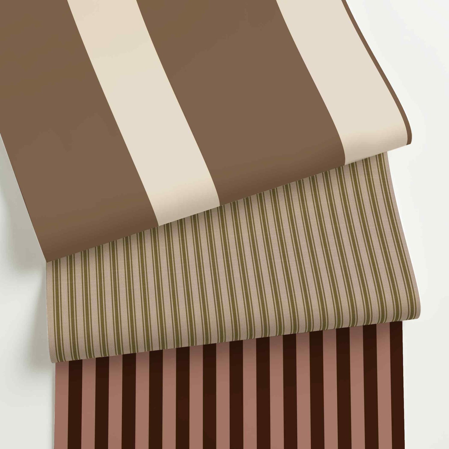 Brown striped wallpaper rolls in assorted colors, scales, and stripe patterns.