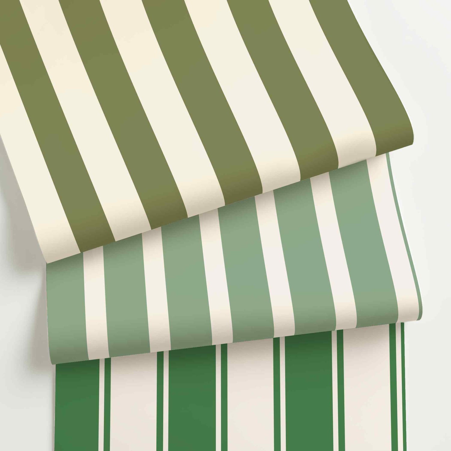 Green and white striped wallpaper rolls in assorted colors, scales, and stripe patterns.