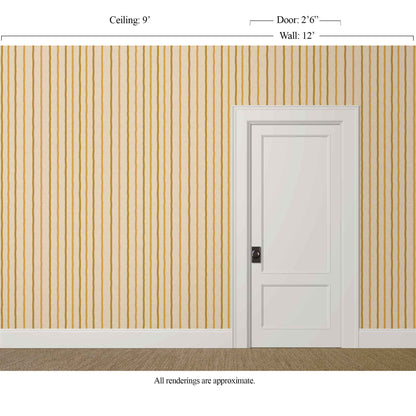 Softly wavy amber striped wallpaper with linen finish in an earthy vintage interior