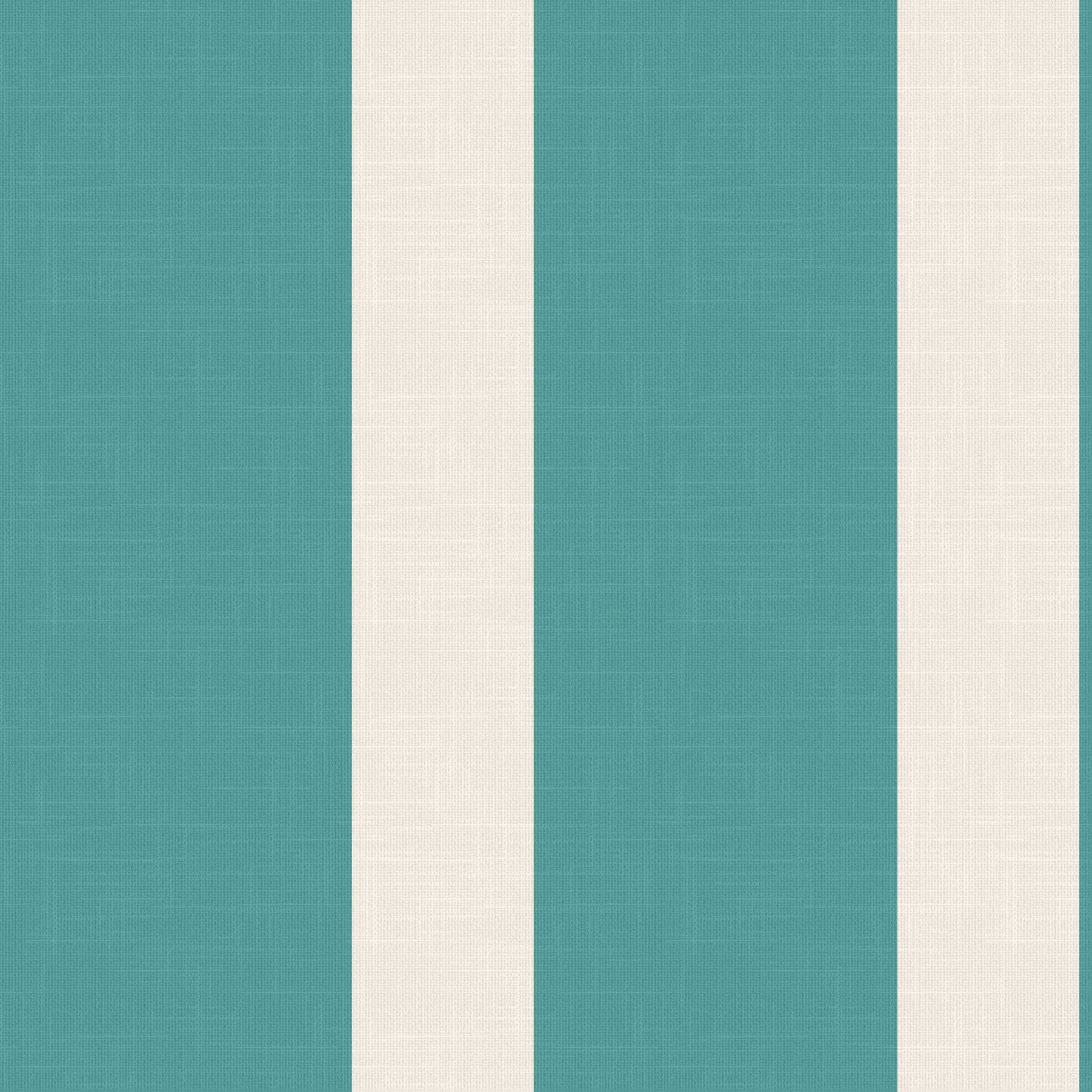 Marquette wallpaper pattern detail – saturated aqua and warm white vertical stripes on linen finish