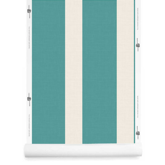 Aqua and white striped wallpaper with linen finish roll – Marquette Verdigris Warm White