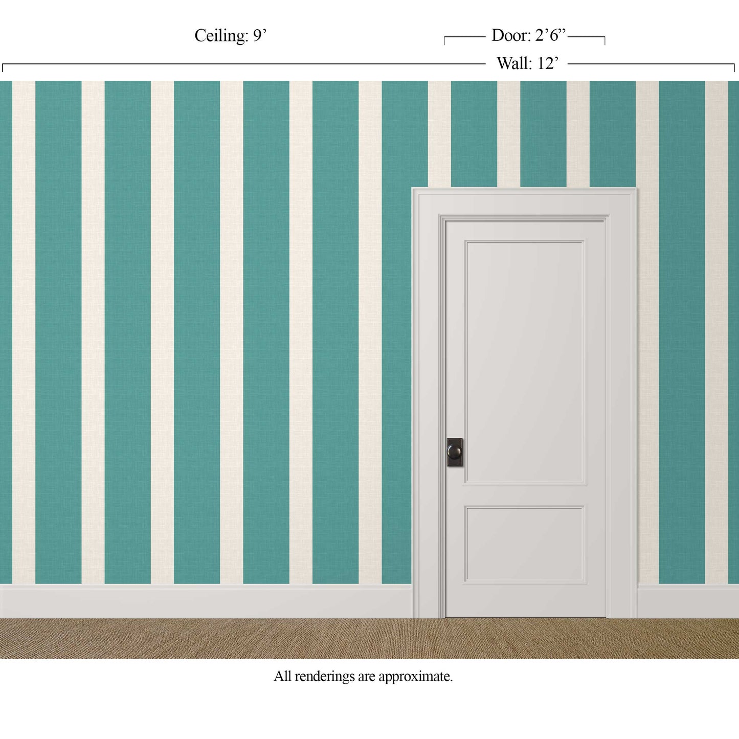 Wide aqua and white striped wallpaper with linen finish in a bold dining room with classic ivory trim and millwork