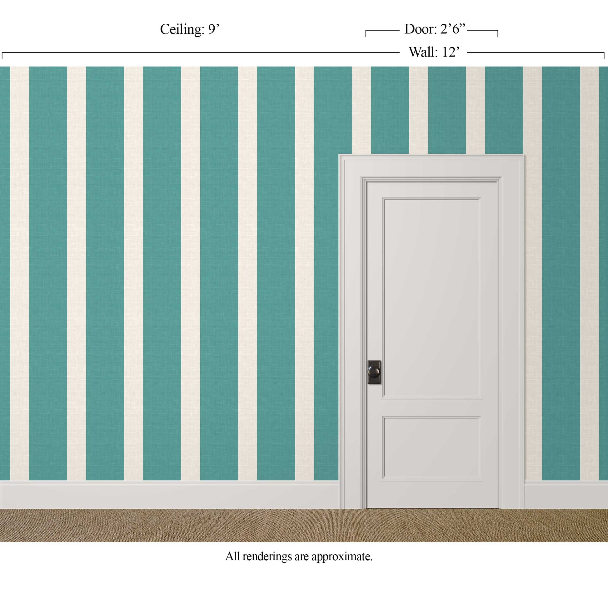 Wide aqua and white striped wallpaper with linen finish in a bold dining room with classic ivory trim and millwork