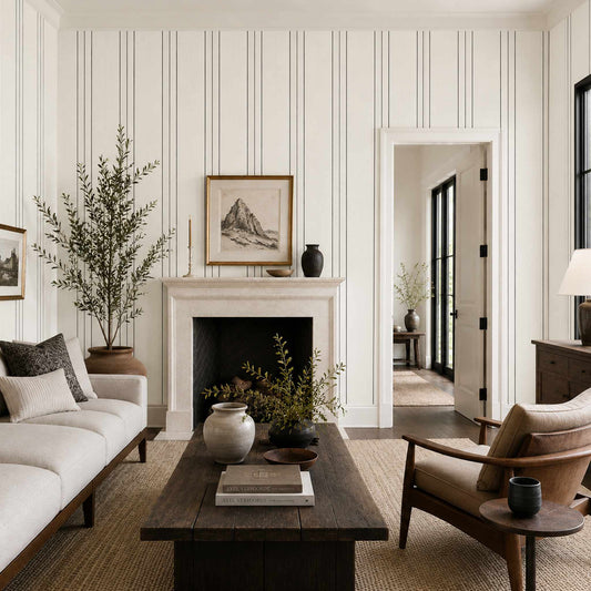 Modern rustic living room with black and white pinstriped wallpaper, a fireplace, sofa, and decorative elements.