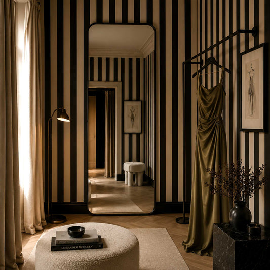 Dressing room with black and ivory striped wallpaper, a mirror, and an olive green silk dress on a rack.