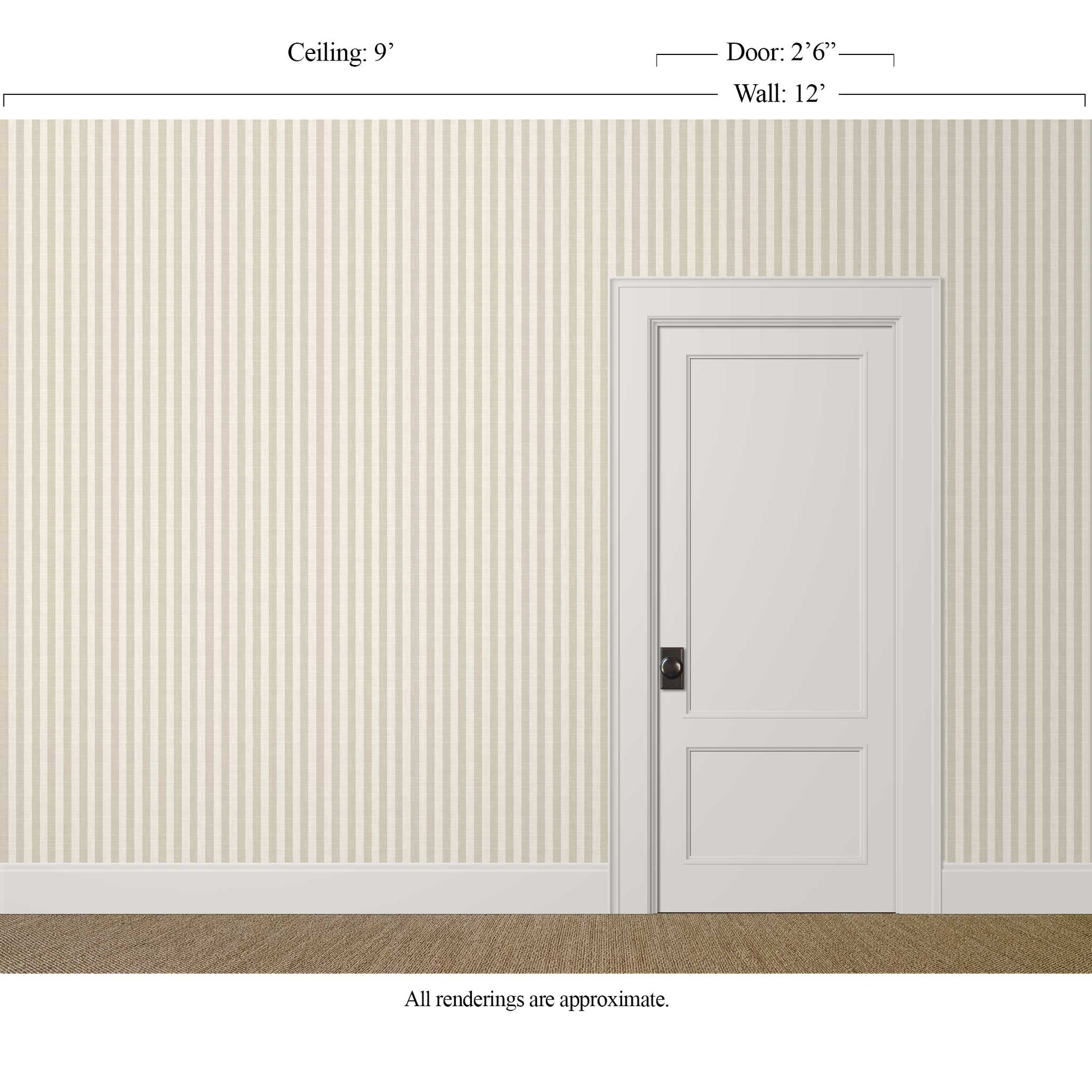 Thin beige and cream striped wallpaper with linen finish in a calm, tailored interior