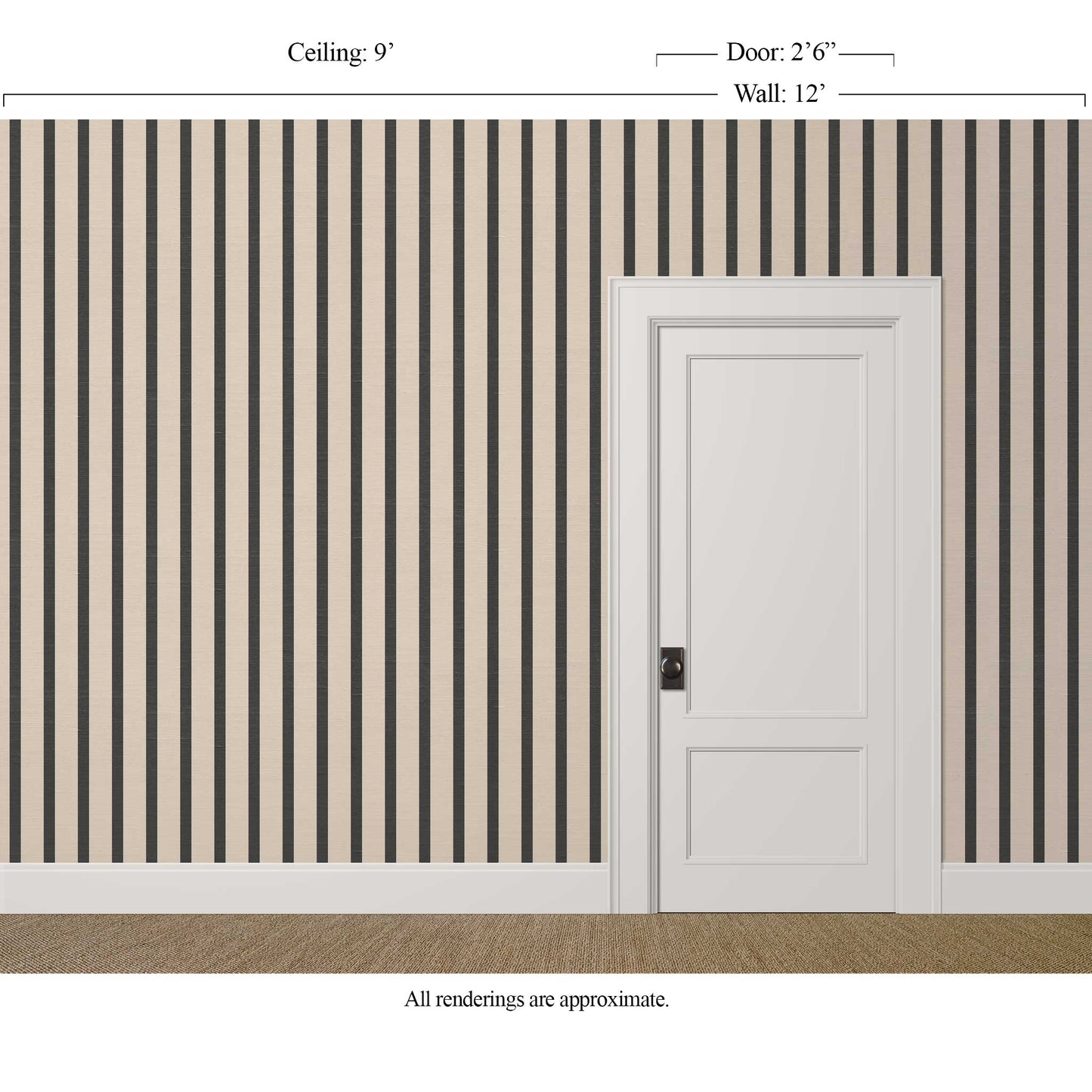 Black and beige striped wallpaper with silk finish in a refined, formal interior