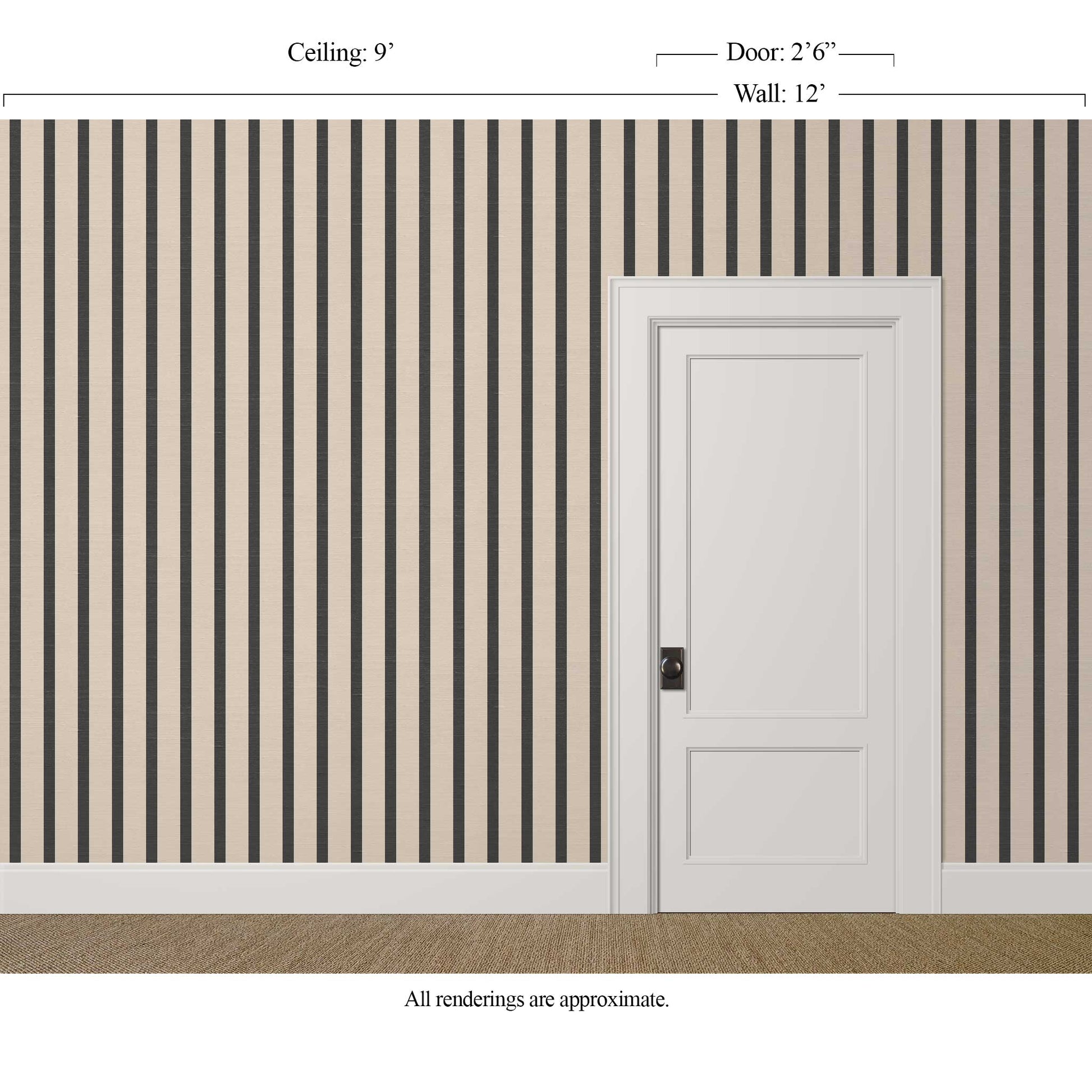 Black and beige striped wallpaper with silk finish in a refined, formal interior