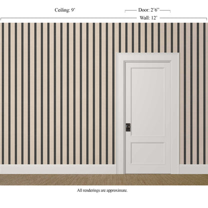 Black and beige striped wallpaper with silk finish in a refined, formal interior