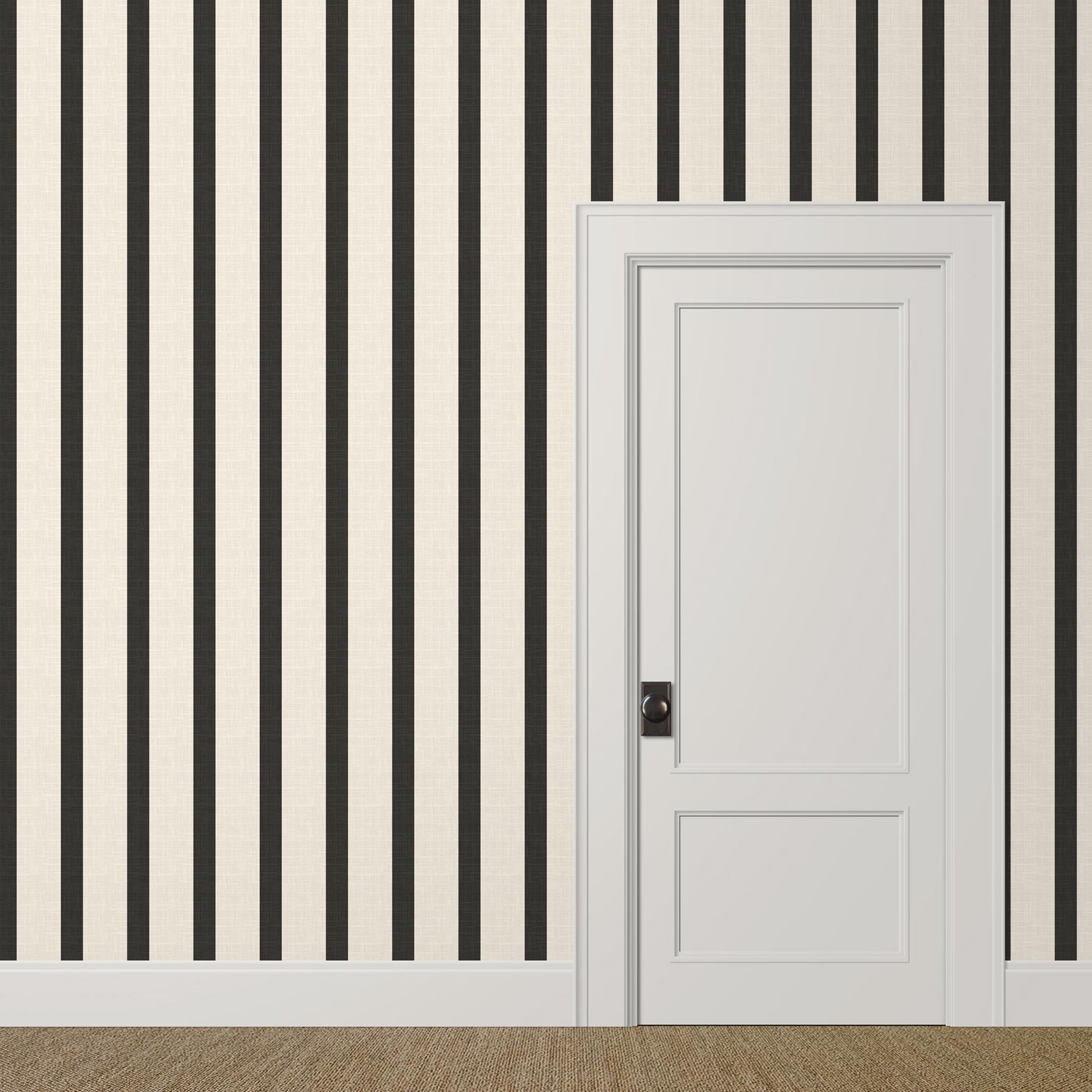 Seahorn wallpaper pattern detail – black and cream stripes on soft linen texture