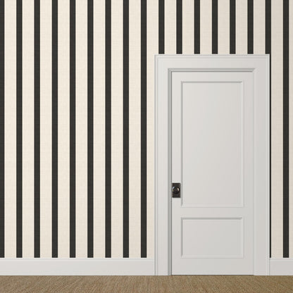 Seahorn wallpaper pattern detail – black and cream stripes on soft linen texture