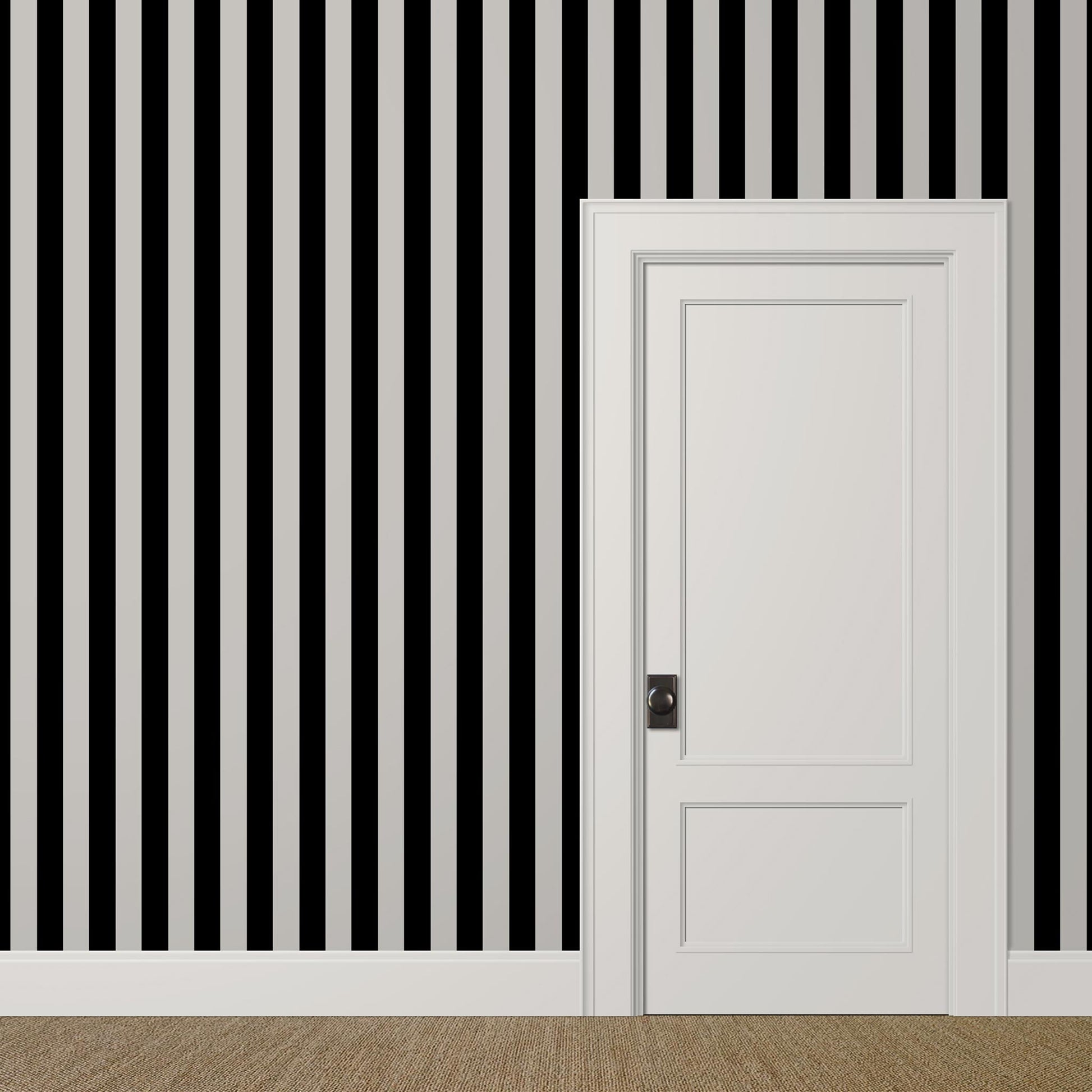 Wide black and grey cabana striped wallpaper in a vintage coastal living room
