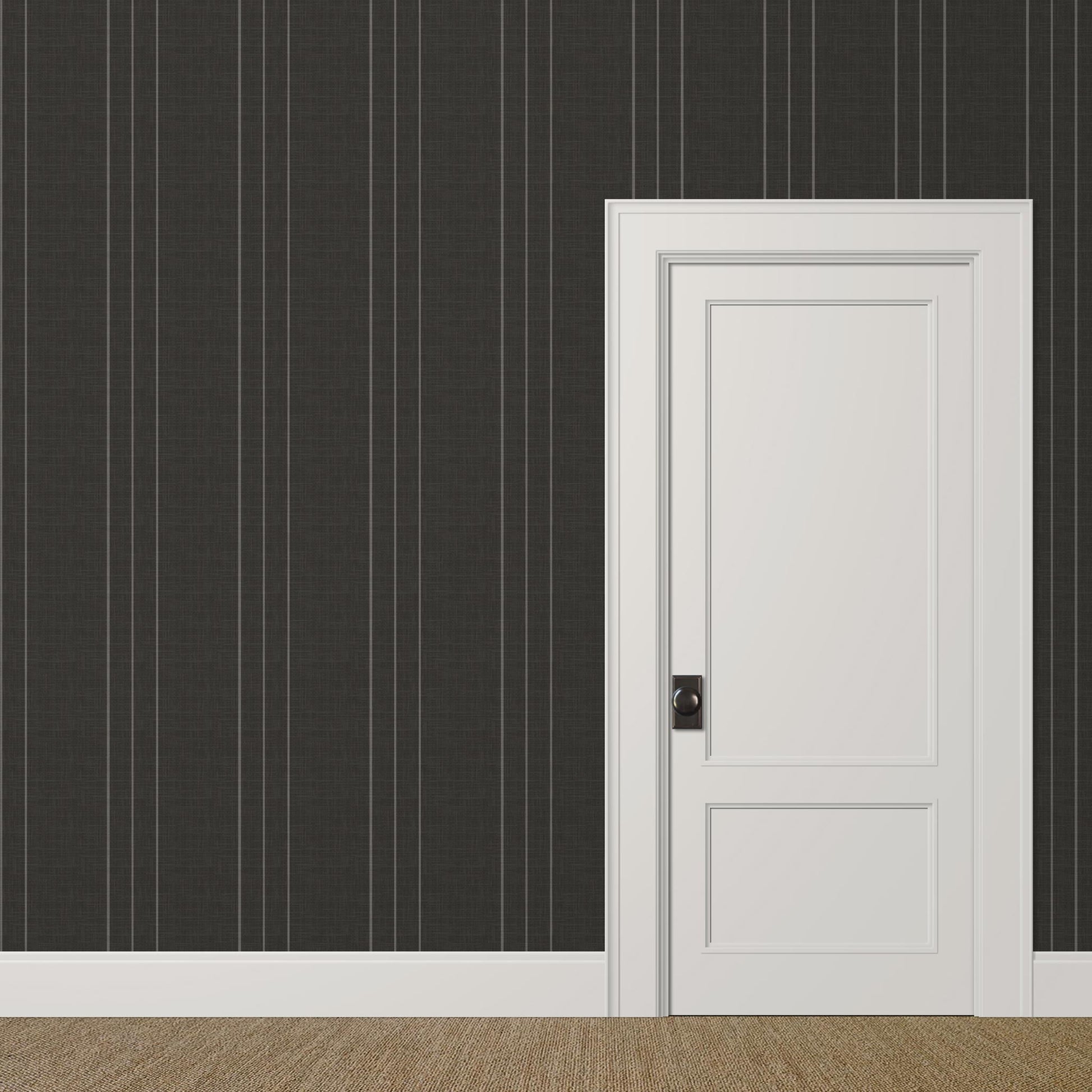 Medium-scale black and grey pinstripe wallpaper with linen finish in a modern study with art on display