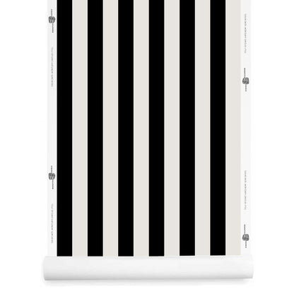 A roll of Athens wallpaper with black and haze ivory stripes in a symmetrical design