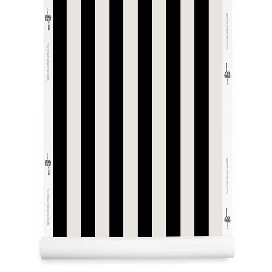 A roll of Athens wallpaper with black and haze ivory stripes in a symmetrical design