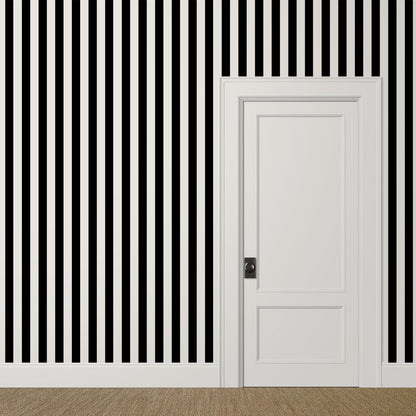 Classic black and ivory striped wallpaper for dining rooms, studies, and hallways
