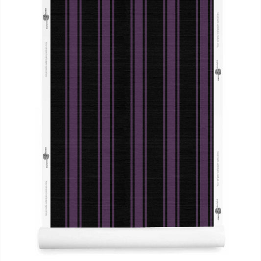 Black and purple striped wallpaper with silk finish roll – La Solana Midnight Aubergine