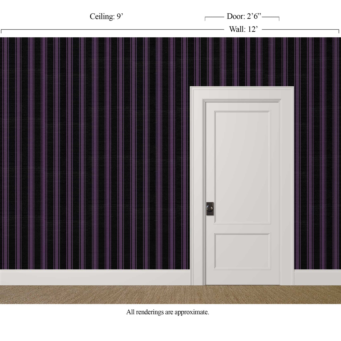 Vertical black and purple striped wallpaper with silk finish in a dark Victorian-inspired interior