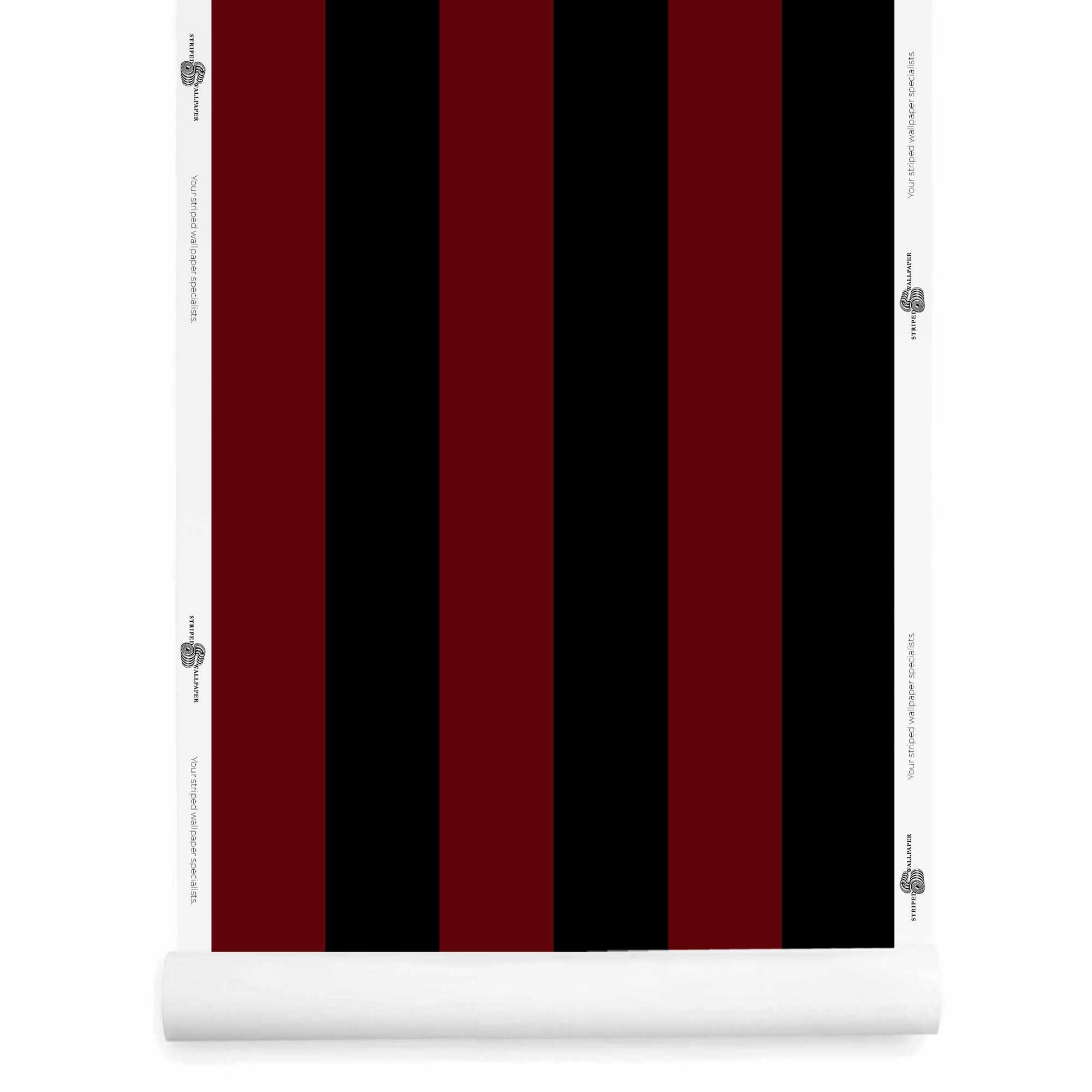 Black and red striped wallpaper roll in Plum Midnight with moderately bold vertical stripe scale