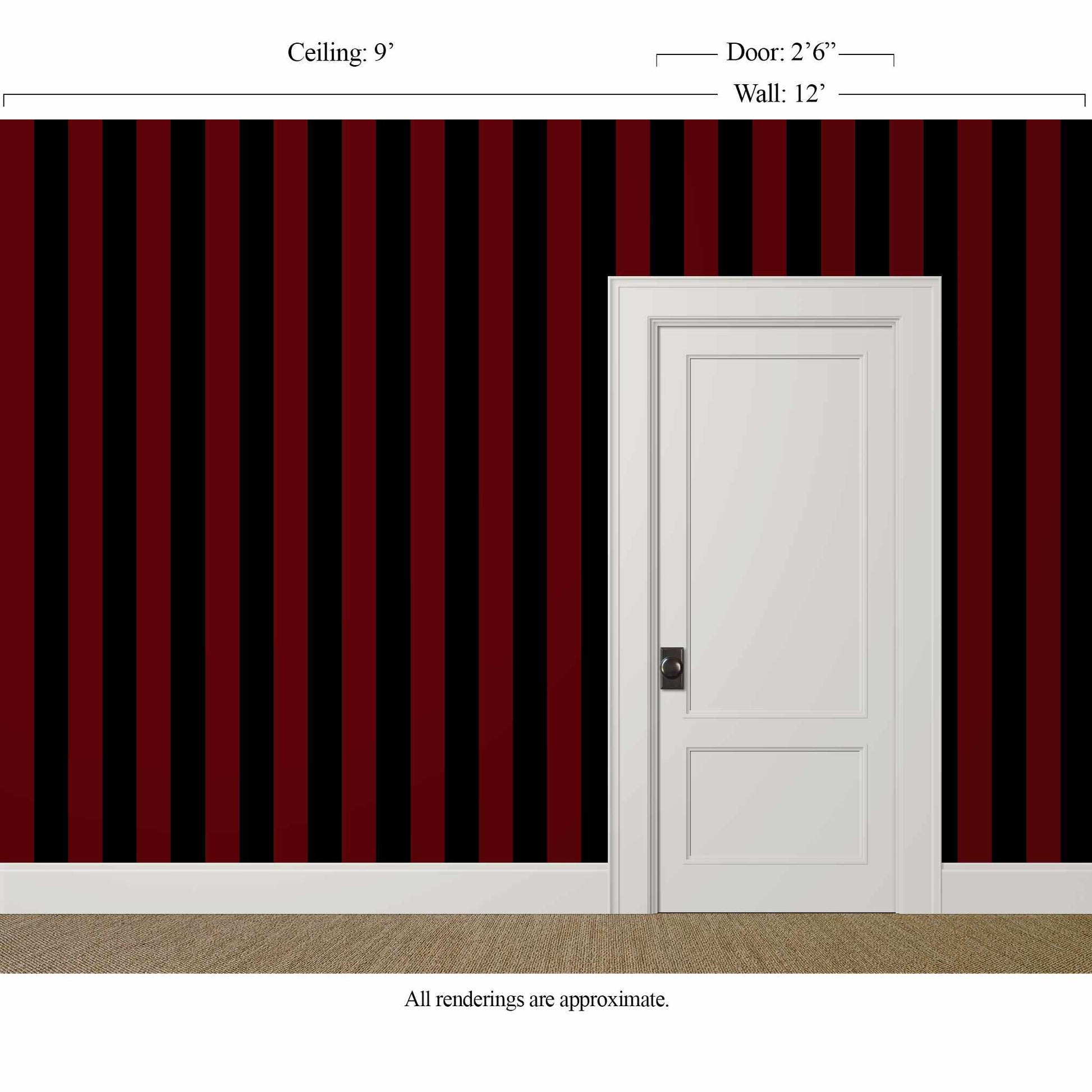 Black and red striped wallpaper in Plum Midnight with medium-bold vertical stripes behind a white door