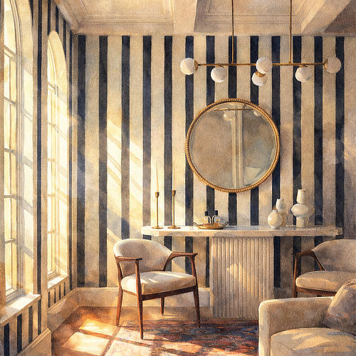 Artist's illustration of Black and white
 striped wallpaper with linen finish in a styled living room with warm light and high end furnishings