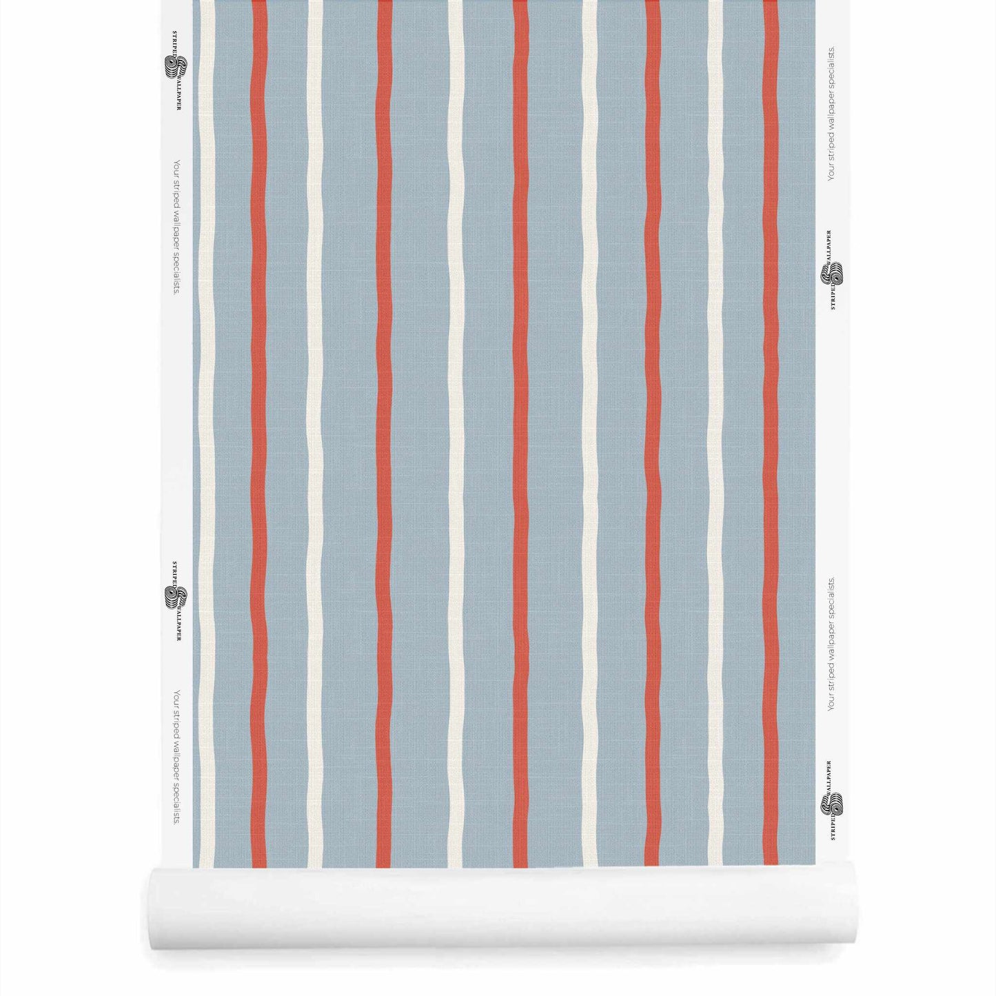Blue red and white striped wallpaper roll with linen finish Earlham in Seaview Bright Brick Ivory colorway