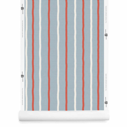 Blue red and white striped wallpaper roll with linen finish Earlham in Seaview Bright Brick Ivory colorway