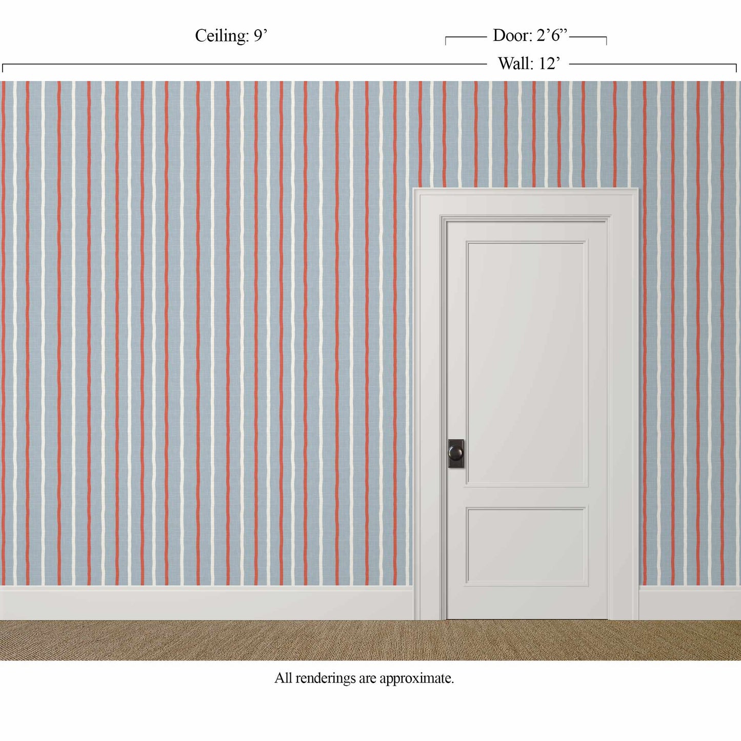 Blue red and white striped wallpaper with linen finish in Earlham in a classic pool house with white door and trim