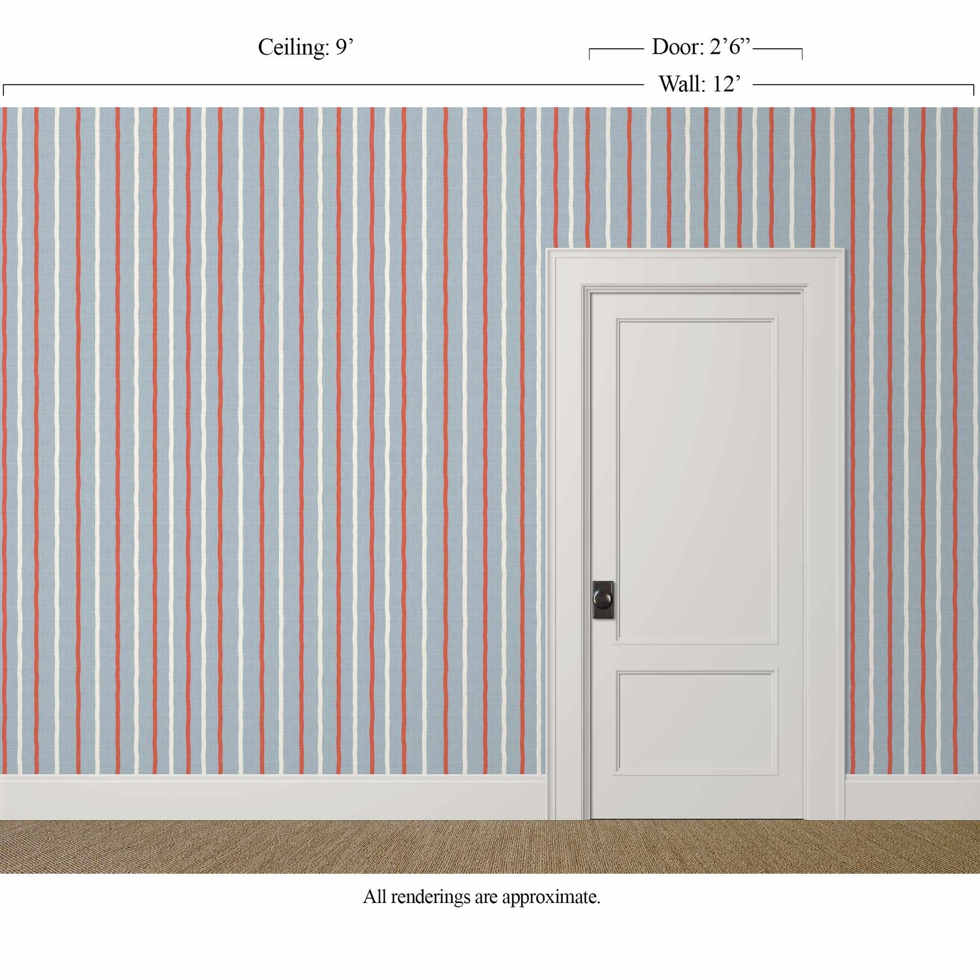 Blue red and white striped wallpaper with linen finish in Earlham in a classic pool house with white door and trim