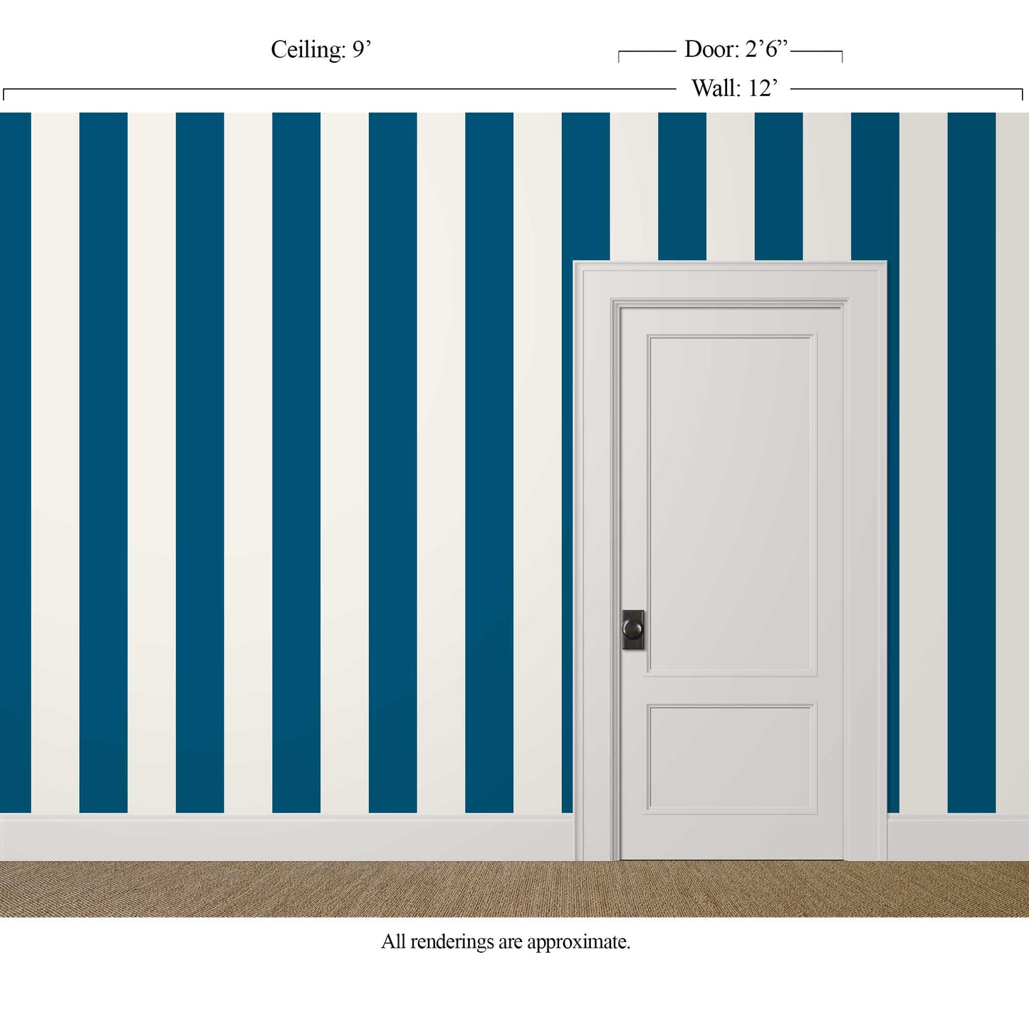 Wide-scale blue and cream striped wallpaper in a refined nautical interior