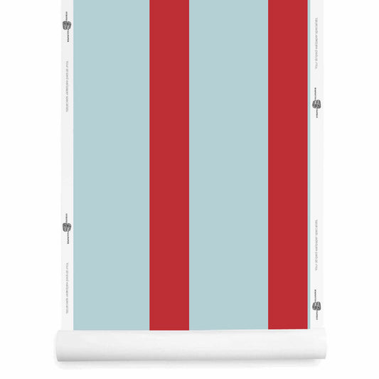 Blue and red striped wallpaper roll in showing red stripes on wide pale sky blue stripes
