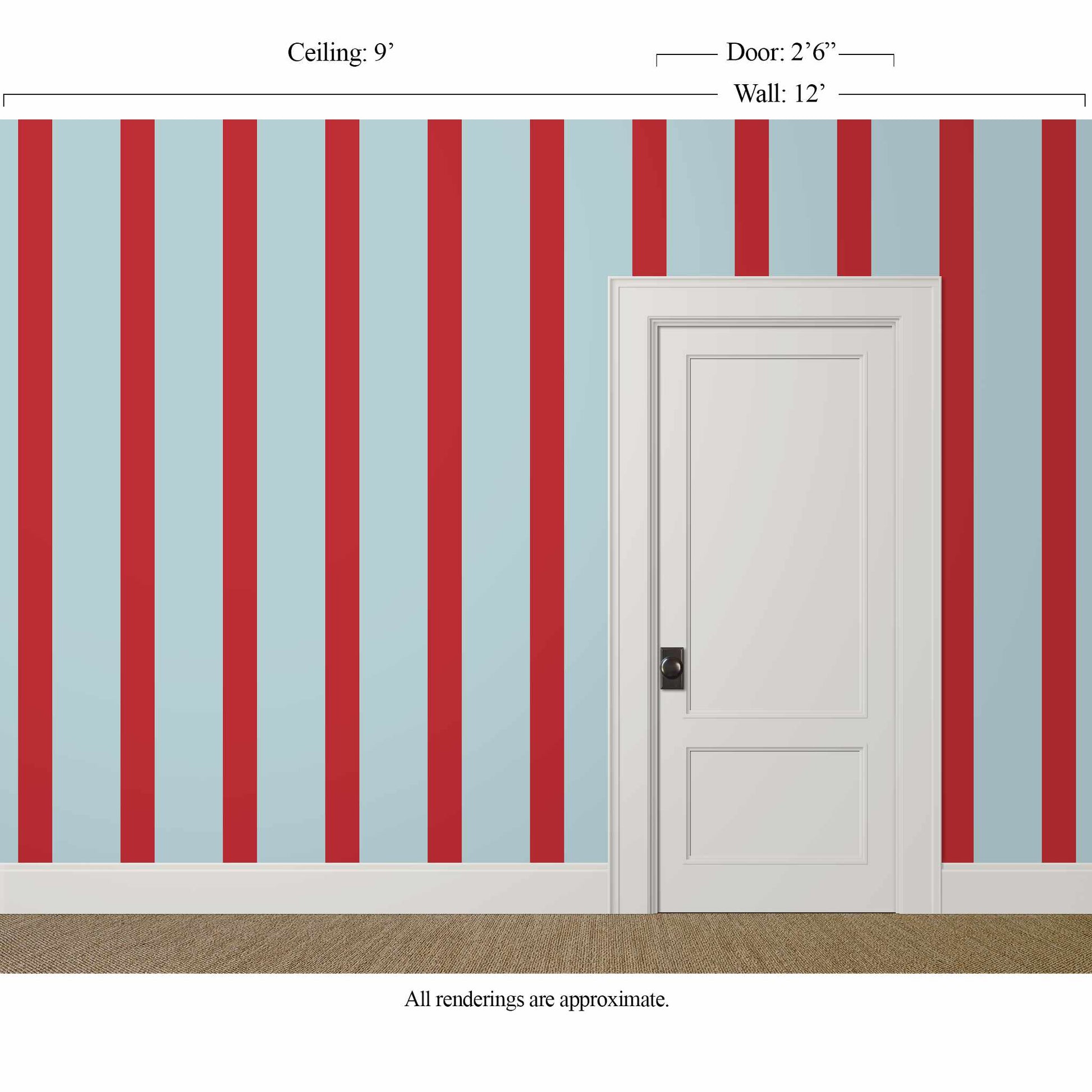 Blue and red striped wallpaper in a boy's bedroom with white door and trim