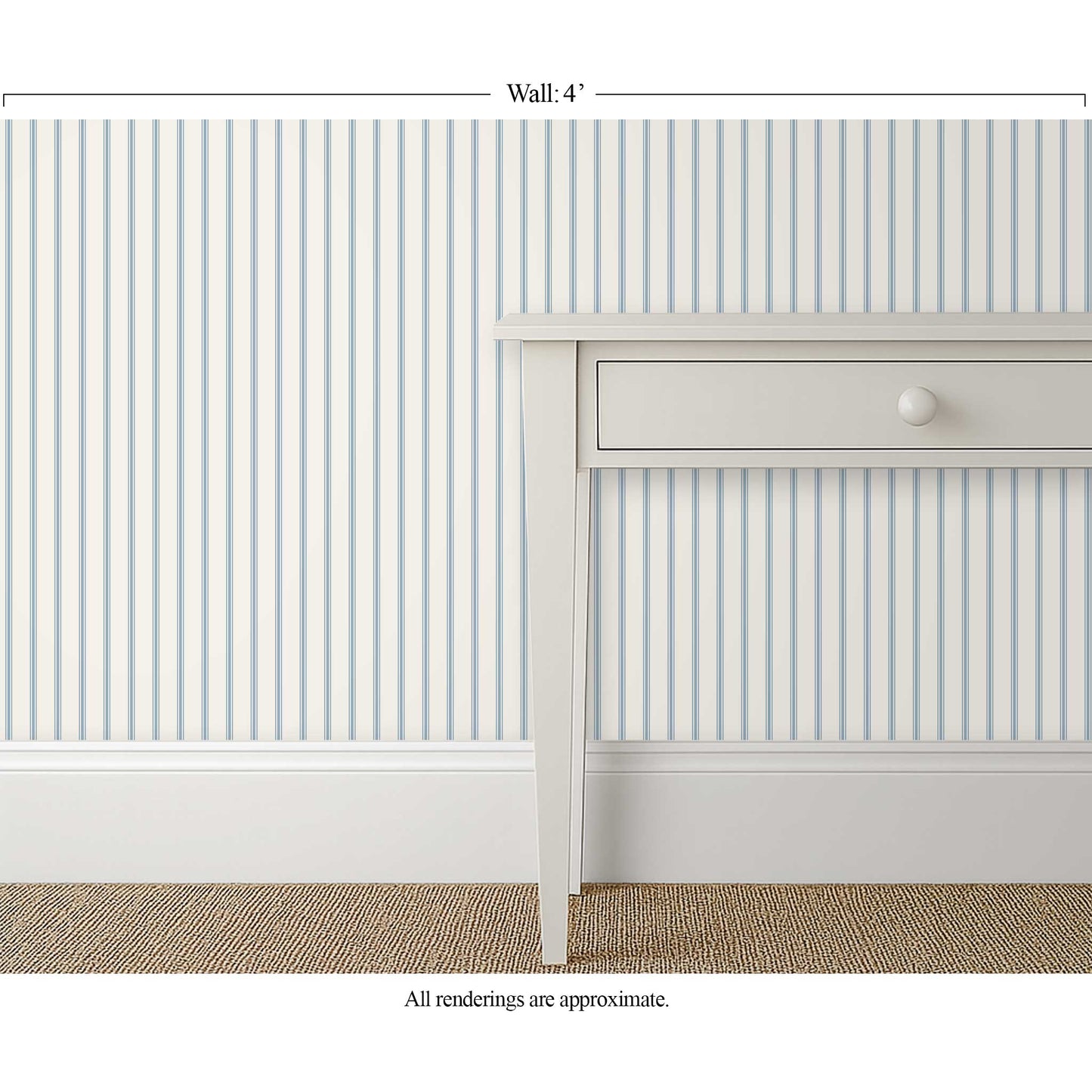 light blue and white ticking stripe wallpaper in a seaside cottage interior