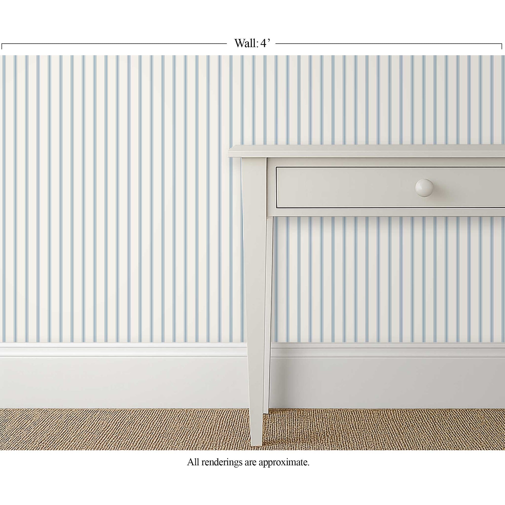 light blue and white ticking stripe wallpaper in a seaside cottage interior